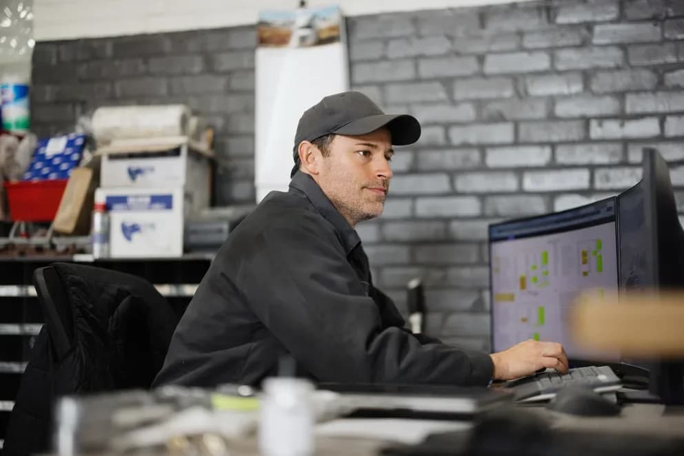 A field technician reviewing job details on FieldOps from the shop
